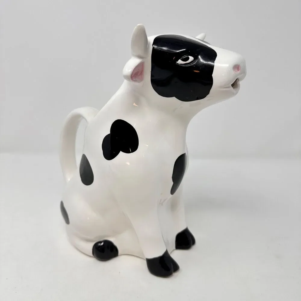 Vintage Cow Pitcher Ceramic Black White Holstein Milk Jug Vase Taiwan - READ